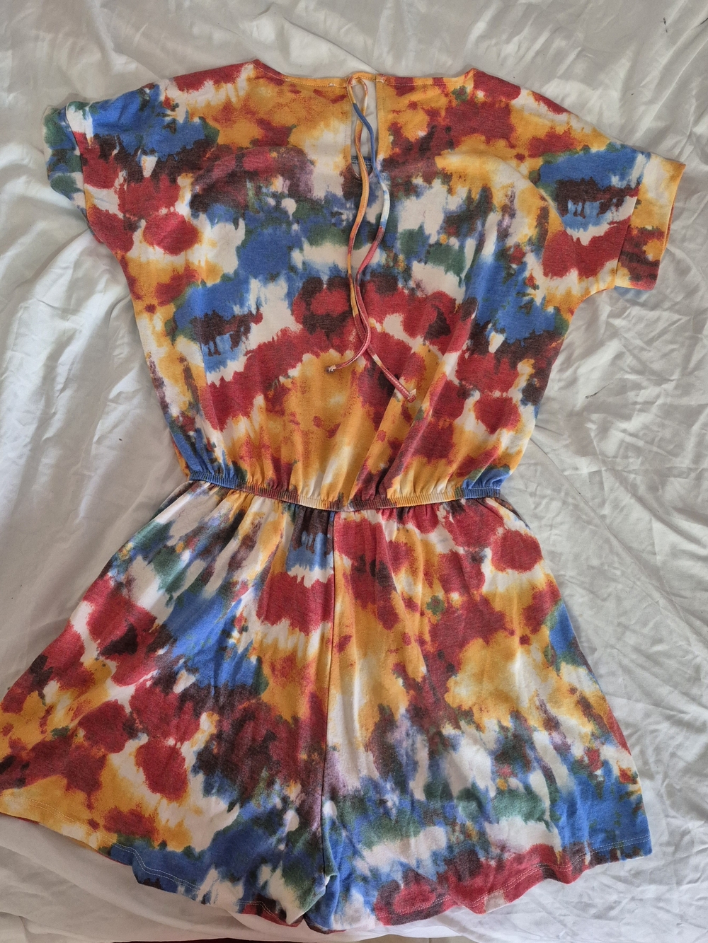 Zenana Outfitters Tie-Dye Short Sleeve Romper in Red, Yellow & Blue - Picture 5 of 5